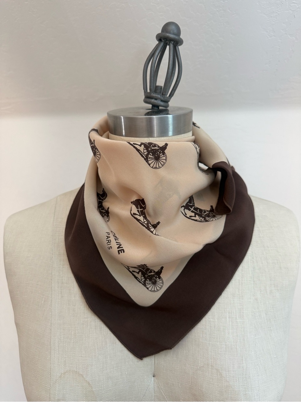 Vintage Celine Silk Scarf with Horse Carriage Motif in Beige and Dark Brown